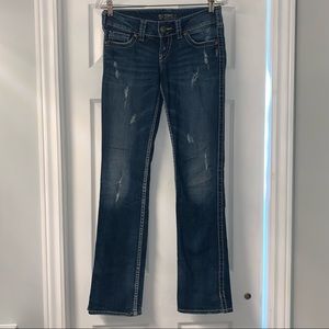 SILVER MCKENZIE denim JEANS Distressed women’s size W28”/L32” sequins on pockets